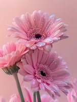 Pink gerbera daisies with water drops and sparkles on petals against soft pink background, creating dreamy romantic macro photography composition.
