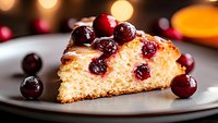 Fresh cranberry cheesecake slice on gray plate with whole berries garnish, creamy texture and golden crust against dark background with bokeh lights.