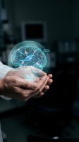 Hands holding glowing holographic brain with neural networks showing cognitive plasticity and adaptation concepts for neuroscience and medical technology.