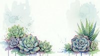 Watercolor succulent plants frame with soft pastel colors and paint splatters on white background, botanical border design for wedding invitations and cards.