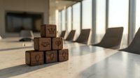 Wooden blocks stacked in pyramid formation with heart symbols in modern office conference room with natural light and laptops, representing teamwork and corporate values.