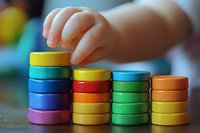 Small child hand stacking colorful plastic bottle caps in ascending towers, creating educational activity for fine motor skills development and color recognition.