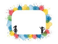 Colorful paint splash frame with children silhouettes on white background. Creative border design for kids art projects and educational materials.
