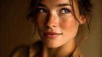 Young woman with freckles and natural beauty gazing upward against warm golden background, conveying hope and contemplation.