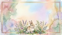 A cute rabbit sits among wildflowers and lavender plants in a soft watercolor garden scene with pastel colors and gold frame border, suitable for nursery decor, greeting cards, and children's designs.