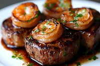 Grilled beef tenderloin medallions topped with seared jumbo shrimp in rich brown sauce garnished with fresh herbs, served on white plate. Close up food photography.