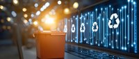 Digital recycling concept with orange bin and glowing recycle symbols on futuristic data screens in modern environment with bokeh light effect.