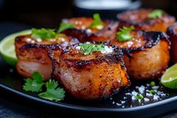 Seared sea scallops with caramelized crust garnished with fresh cilantro and lime wedges on black plate, close up view of gourmet seafood appetizer.