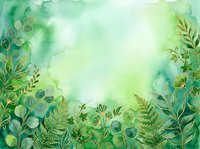 Watercolor botanical frame with lush green foliage, eucalyptus leaves, and ferns surrounding a bright central space. Soft, dreamy aesthetic ideal for backgrounds, invitations, and eco-friendly designs.