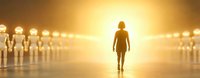 Silhouette of person walking towards bright light between rows of standing figures creating dramatic perspective and spiritual atmosphere.