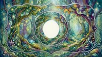 Mystical forest tunnel with glowing moon portal surrounded by enchanted trees and magical foliage in watercolor style for fantasy art projects.