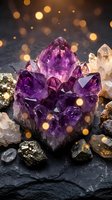 Amethyst crystal cluster surrounded by quartz and pyrite on dark stone with golden bokeh lights, perfect for wellness and spiritual content.