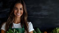 Young Hispanic woman in green apron holding fresh vegetables at farmers market stand, genuine smile against dark background, promoting healthy lifestyle and local produce.