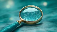 Golden magnifying glass with water droplets on turquoise surface creating bokeh effect for research analysis and investigation concepts.