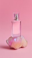 Elegant pink perfume bottle with silver spray pump positioned on natural rose quartz crystal against soft pink background for luxury cosmetics branding.