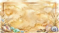 Watercolor beach scene with seashells, starfish, and sand dollars scattered on sandy shore with warm golden tones, ideal for coastal design projects.