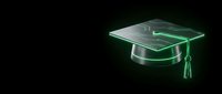 Glowing neon graduation cap with circuit board pattern on dark background, symbolizing digital education, technology learning, and online degree programs.