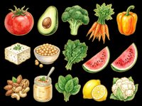 Healthy food ingredients collection isolated on transparent background, featuring fresh vegetables, fruits, nuts, and legumes ready for recipe design, cooking blogs, nutrition graphics, t-shirt designs, and print-on-demand products.