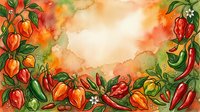 Colorful hot peppers and chili plants with vibrant orange, red, and yellow tones frame a light center space, perfect for food packaging, recipe blogs, culinary designs, and restaurant menus.