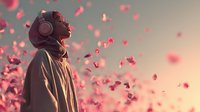 Young woman with headphones enjoying music surrounded by floating pink rose petals against sunset sky, creating dreamy atmospheric mood.