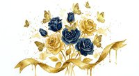 Elegant bouquet of navy blue and golden roses with gold butterflies and ribbon on white background for luxury wedding invitations and romantic designs.