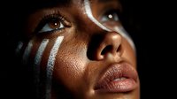 Close-up portrait of African American woman with dramatic lighting creating striped shadows across dark skin, highlighting expressive eyes and full lips.
