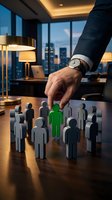 Businessman selecting green figure among gray ones on desk in modern office with city skyline view, representing recruitment, leadership, and talent selection.