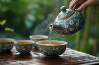 Pouring hot tea from decorative teapot into matching cups during traditional tea ceremony outdoors with blurred garden background.