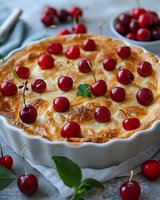 Fresh baked cherry clafoutis in white ceramic dish, topped with ripe cherries and garnished with mint leaves, rustic French dessert on light background.