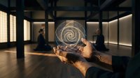 Hands holding glowing spiral hologram in modern gallery space with visitors viewing art exhibitions in background.