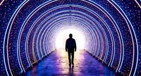 Silhouette of person walking through futuristic tunnel with glowing circular rings and starry cosmic background creating mystical journey atmosphere.