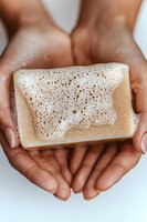 Hands holding natural soap bar with foam bubbles against white background, showcasing sustainable skincare and personal hygiene products.