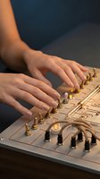 Female hands with manicured nails operating audio mixing console with illuminated faders and controls, suitable for music production, sound engineering, and recording studio concepts.