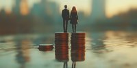 Miniature couple standing on stacks of coins reflected in water surface against blurred cityscape background at sunset, representing financial stability and wealth.