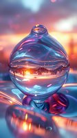 Magical glass sphere reflecting winter cityscape at sunset with vibrant purple and orange sky, creating surreal distorted view through transparent crystal ball.