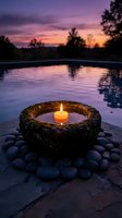 Floating candle in stone bowl by swimming pool at sunset creates peaceful spa atmosphere for relaxation and meditation wellness retreat.