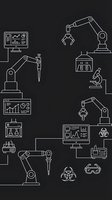 Industrial automation and robotics line icons on dark background featuring robotic arms, laboratory equipment, data analytics and manufacturing technology.