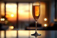 Elegant champagne flute filled with golden sparkling wine against blurred sunset background with warm bokeh lights, reflection on glossy surface.