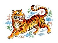 Playful tiger with vibrant orange and black stripes, smiling expression, surrounded by decorative clouds and foliage elements on isolated white background, suitable for apparel and design projects.