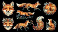 Foxes in various poses and decorative styles, isolated on transparent background. Ready for t-shirt design, clipart, stickers, sublimation, print-on-demand products and digital crafts.