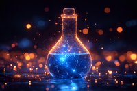 Magical potion bottle with glowing blue constellation liquid inside, surrounded by golden bokeh lights and sparkles on dark reflective surface.