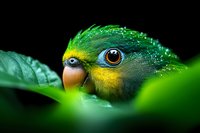 Close-up portrait of green parrot head with water drops on feathers, showing bright yellow markings and large brown eye among tropical leaves in natural setting.