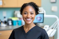 Young African American female dental professional wearing black scrubs smiles warmly in modern dental office setting with equipment and technology visible in background.