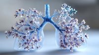 Artistic representation of human lungs formed by blooming cherry branches with delicate pink and blue flowers, symbolizing breath and life on soft background.