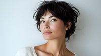 Young Asian woman with messy updo hairstyle and natural makeup looking up thoughtfully against white wall, wearing white top, beauty and fashion portrait.