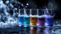 Colorful liquid splashes in shot glasses with dramatic lighting and bokeh effect, dynamic motion capture of drinks in blue, turquoise, amber and purple colors on dark background.