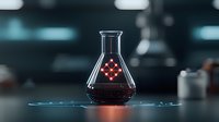 Laboratory glass flask containing red glowing liquid on futuristic platform with neon lighting effects against dark background, creating mysterious scientific atmosphere.