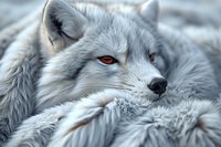 Close-up portrait of arctic fox with amber eyes resting in thick winter fur coat. Detailed view shows silver-white pelage and alert expression in natural setting.