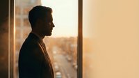 Silhouette of contemplative businessman looking out office window during golden hour sunset, professional corporate executive in suit reflecting on business decisions.