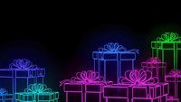 Colorful neon gift boxes with bows glowing against black background for holiday celebrations, Christmas marketing, birthday party designs and festive promotions.